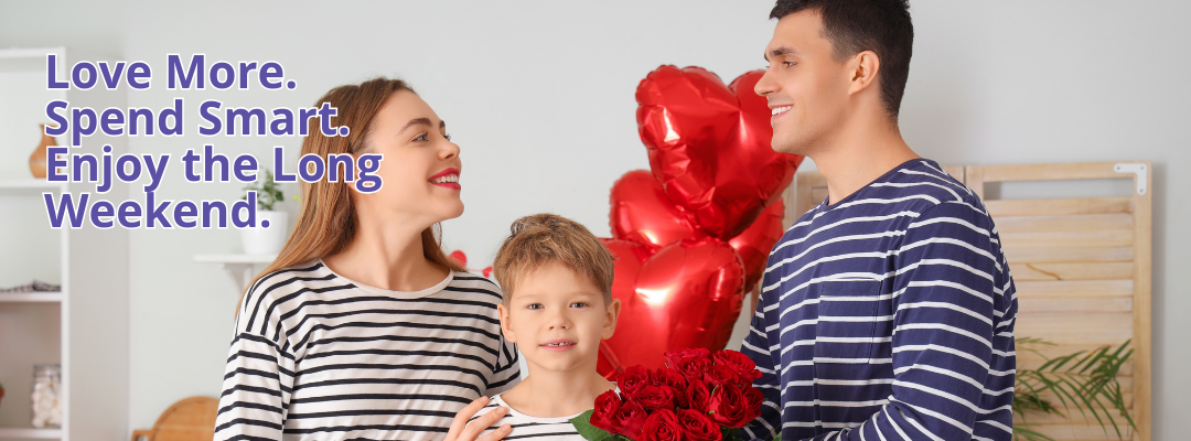 Family celebrating Valentine's Day on a budget in BC with red heart balloons and roses during the Family Day long weekend