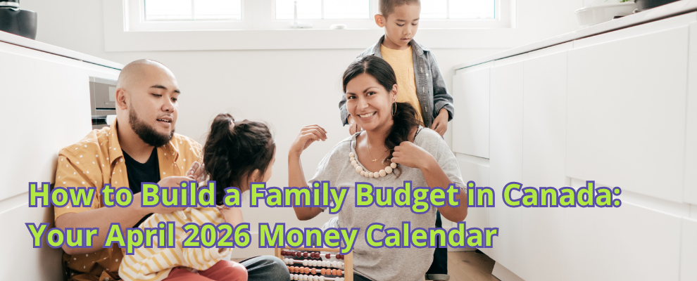 Canadian family reviewing a monthly household budget and April 2026 money calendar
