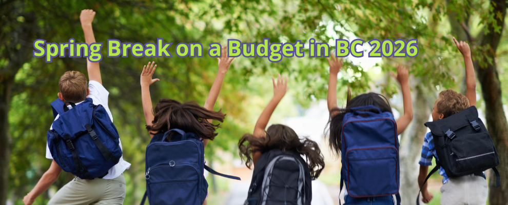 Children with backpacks jumping outdoors during BC spring break 2026, representing family-friendly activities on a budget