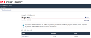 Canada Child Benefit payment amount displayed in CRA My Account showing upcoming payment date and expected payment amount